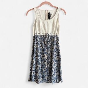 90s floral mini sun dress sleeveless tank straps cinch waist linen summer XS